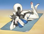 anthro beach female inflatable lying on_front removing_underwear solo inktiger sharps animate_inanimate canid canine canis domestic_dog husky living_inflatable mammal nordic_sled_dog spitz 2018 digital_media_(artwork)