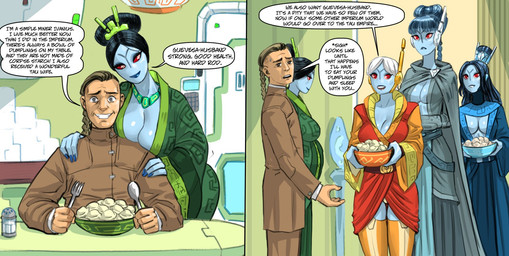 breasts dialogue female group male propaganda red_eyes text flick-the-thief warhammer_(franchise) warhammer_40000 alien human mammal t'au_(warhammer) comic english_text hi_res