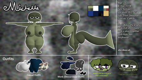 anthro big_breasts big_butt big_tail bottomwear breasts butt clothing conductor denim denim_bottomwear denim_clothing female footwear hat headgear headwear humor jeans legwear nude nylons pants shirt shoes shortstack shortstack_female skirt socks solo stockings tail tank_top text tired_eyes topwear white_clothing white_footwear white_socks colonthreeguy michelle_(colonthreeguy) catfish fish marine 16:9 3d_(artwork) digital_media_(artwork) english_text hi_res meme model_sheet widescreen