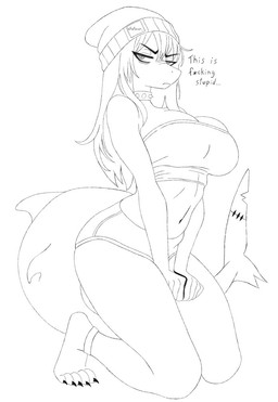 annoyed beanie clothing crop_top female grumpy hat headgear headwear ramona_(zslayer) shark_tail shirt solo topwear zslayer fish marine shark monochrome tagme