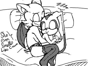 anthro bed bed_sheet bedding breasts clothed clothing dialogue duo eyes_closed female female/female furniture gloves handwear hug legwear long_ears pillow sleeping tail thigh_highs topless topless_female underwear wings young young_female sin-sational sega sonic_the_hedgehog_(series) cream_the_rabbit rouge_the_bat bat lagomorph leporid mammal rabbit 2021 4:3 monochrome sketch