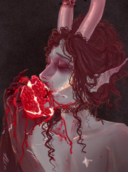 claws curly_hair eating eyes_closed glistening_horns hair horn lace long_ears male red_hair scar solo catfish/som demon humanoid absurd_res hi_res