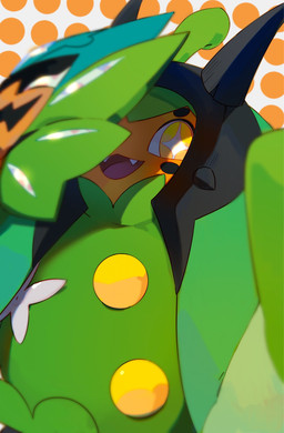 ambiguous_gender fangs looking_at_viewer mask open_mouth pattern_background simple_background solo star_eyes teeth tongue yellow_eyes kel-del nintendo pokemon generation_9_pokemon humanoid legendary_pokemon ogerpon pokemon_(species) teal_mask_ogerpon 2026 hi_res