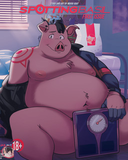 5_fingers age_restriction anthro arm_tattoo bathroom_scale bed bedroom black_hair clothed clothing covering covering_crotch covering_self fingers furniture hair horn humanoid_hands inside jacket male mostly_nude_anthro mostly_nude_male navel nipples off_shoulder overweight overweight_anthro overweight_male paper_bag pink_body pink_skin shoulder_tattoo sitting smile solo spread_legs spreading tattoo text topwear weighing_scale mikrogoat abe_(mikrogoat) basil_(mikrogoat) domestic_pig lagomorph leporid mammal rabbit suid suine sus_(pig) 4:5 comic cover cover_art cover_page english_text hi_res