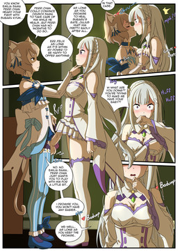 balls big_breasts big_penis blonde_hair blue_clothing blue_collar blue_legwear blue_shirt blue_stockings blue_topwear blush bodily_fluids breast_grab breasts chest_grab clothing collar covering covering_breasts dialogue dress drooling duo erection female femboy front_view fur genitals grope hair half-closed_eyes hand_on_breast human_on_humanoid humanoid_genitalia humanoid_penis imminent_sex infidelity inner_ear_fluff interspecies legwear light_body light_skin male male/female narrowed_eyes onomatopoeia penis purple_clothing purple_dress saliva shirt side_view smile smirk sound_effects speech_bubble stockings surprised tan_balls tan_body tan_penis tan_skin text throbbing throbbing_balls topwear tuft white_clothing white_dress white_hair white_legwear white_shirt white_stockings white_topwear yellow_body yellow_eyes yellow_fur wacum re:zero emilia_(re:zero) ferris_argyle animal_humanoid cat_humanoid felid felid_humanoid feline feline_humanoid human humanoid mammal mammal_humanoid 2025 absurd_res comic english_text hi_res