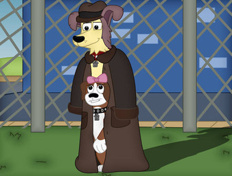 accessory black_collar black_nose bow_ribbon brown_body brown_clothing brown_coat brown_fur brown_topwear clothing coat collar collar_tag disguise duo fedora female feral fur hair_accessory hair_bow hair_ribbon hat headgear headwear house_collar_tag male pink_ribbon red_collar ribbons topwear totem_pole_trench white_body white_fur yellow_body yellow_fur babclayman hasbro pound_puppies pound_puppies_(2010) cookie_(pound_puppies) lucky_(pound_puppies) boxer_(dog) bulldog canid canine canis domestic_dog mammal mastiff molosser 2014