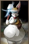 2022 anthro areola areola_slip belly big_belly big_breasts blackoutsiderz breasts brown_clothing brown_gloves brown_handwear cleavage clothed clothing dragon_ball dragon_ball_super eyelashes female fur gloves hand_on_belly handwear hat headgear headwear hi_res huge_belly inner_ear_fluff lagomorph leporid mammal navel nipple_slip pink_inner_ear pink_nose rabbit red_eyes same_size_vore solo sorrel tagme tuft vore white_body white_fur