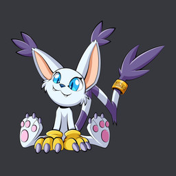 accessory ambiguous_gender anthro blue_eyes clothing ear_tuft fur furgonomics gloves grey_background handwear jewelry long_tail markings pawpads pink_pawpads purple_markings ring semi-anthro simple_background sitting solo tail tail_accessory tail_jewelry tail_markings tail_ring tail_tuft tuft white_body white_fur mysterious_kaos bandai_namco digimon digimon_(species) gatomon 1:1 2023 full-length_portrait hi_res portrait