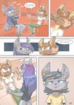 absurd_res anthro brother_(lore) canid canine clothed clothing comic digital_media_(artwork) drinking ear_piercing english_text female fox hi_res hyena male mammal maya_(ratcha) piercing ratcha rick_(ratcha) rina_(ratcha) sibling_(lore) simple_background sister_(lore) text