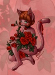 anthro biped crouching feet female flower green_eyes hair hindpaw nude orange_hair pawpads paws plant pose ribbons rose_(flower) solo tail belsevuka claire_(brindle) domestic_cat felid feline felis mammal pinup