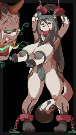 anthro areola arms_tied big_areola big_breasts big_nipples black_background bodily_fluids bound breast_milking breasts collar convenient_censorship duo eyes_closed female fur green_hair grey_body grey_fur grey_nipples hair hands_tied horn huge_breasts inverted_nipples lactating legs_tied long_hair machine mask milk milking_machine nipples nude puffy_areola puffy_nipples simple_background solo_focus standing leokingdom sadako_(leokingdom) domestic_cat felid feline felis ghost mammal spirit 2018 hi_res