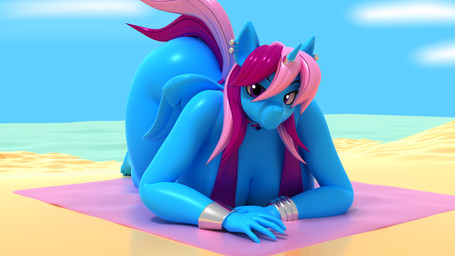 all_fours anthro beach beach_towel blue_body bra bracelet breasts clothing collar cuff_(restraint) ear_piercing ear_ring female gem hair horn horn_jewelry horn_ring jewelry looking_at_viewer multicolored_hair outside panties piercing pink_hair purple_bra purple_clothing purple_eyes purple_panties purple_underwear restraints ring_(jewelry) ring_piercing smile smiling_at_viewer solo towel two_tone_hair underwear wings wrist_cuffs argos90 hasbro my_little_pony mythology parcly_taxel equid equine mammal mythological_creature mythological_equine winged_unicorn 16:9 2025 3d_(artwork) digital_media_(artwork) hi_res widescreen