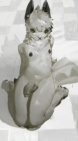 anthro beak black_nipples bodily_fluids claws dark_nipples feathers genitals green_eyes looking_at_viewer male nipples open_beak open_mouth penis saliva saliva_on_tongue simple_background solo white_body corvusr avian bird owl hi_res monochrome