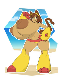 anthro areola big_breasts breasts brown_areola brown_eyebrows brown_hair brown_nipples brown_tail clothed clothing eyebrows female hair huge_breasts hyper hyper_breasts looking_at_viewer nipples solo standing tail topless topless_anthro topless_female whiskers thelazydreamer gameoverse glitch_productions kit_bodega domestic_cat felid feline felis mammal 2026 absurd_res hi_res
