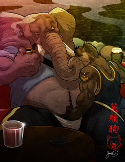 alcohol anthro anthro_on_anthro bar beer belly beverage biceps big_muscles body_hair briefs bulge clothed clothing clothing_aside crotch_grab drunk duo facial_hair fondling fur furniture glass grin grope hand_in_pants hand_in_underwear happy_trail holding_glass holding_object larger_male male male/male military muscular muscular_male mustache overweight pipe proboscis_(anatomy) pubes shirt sitting size_difference slightly_chubby smaller_male smile smoke smoking smoking_pipe spread_legs spreading substance_intoxication table tank_top tattoo tighty_whities topwear trunk_(anatomy) tusks underwear underwear_aside whiskers white_briefs white_clothing white_underwear wrestling_singlet wfa elephant elephantid mammal mustelid otter proboscidean 2010