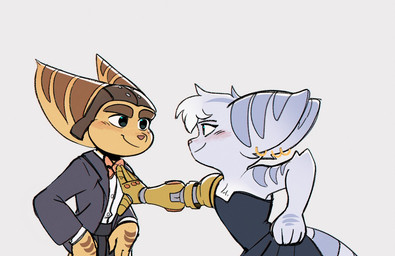 anthro black_tie_(suit) blush clothed clothed_female clothed_male clothing cybernetic_arm cybernetic_limb dancing dress duo ear_piercing ear_ring female fur hair male male/female markings piercing pink_nose ring_(marking) ring_piercing ringed_tail simple_background striped_markings striped_tail stripes suit tail tail_markings white_body white_fur white_hair yellow_body yellow_fur time_fluffy500 dreamworks ratchet_and_clank sony_corporation sony_interactive_entertainment the_bad_guys ratchet_(ratchet_and_clank) rivet_(ratchet_and_clank) lombax mammal