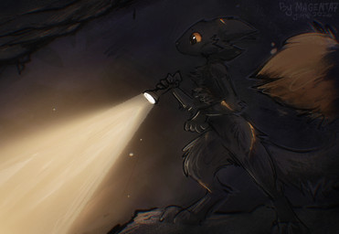 ambiguous_gender anthro biped cave claws feet fingers flashlight fur nude nude_ambiguous nude_anthro side_view solo standing tail toes magenta7 casualties:_unknown expie_(gunsawian) gunsawian mammal 2026 digital_drawing_(artwork) digital_media_(artwork) hi_res
