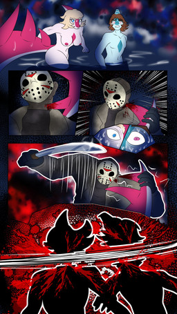 abstract_background anthro areola big_tail blonde_hair blood blue_body blue_eyes blue_scales bodily_fluids bone_frill breasts brown_hair curvy_figure death double_kill eyelashes female female_death frill_(anatomy) grey_body grey_skin group hair hockey_mask horror_(theme) killing lake long_hair long_tail machete magenta_body magenta_scales male male_death mask medium_breasts melee_weapon multicolored_body multicolored_scales nipples nude nude_anthro nude_female nude_male partially_submerged purple_eyes scales skinny_dipping spiked_tail spikes spikes_(anatomy) sports_mask sportswear sweat sweatdrop tail thick_thighs trio two_tone_body two_tone_scales weapon white_body white_scales wide_hipped_anthro wide_hipped_female wide_hips wounded fuegosonic93 cavemanon_studios friday_the_13th_(series) i_wani_hug_that_gator benjamin_mcknight jason_voorhees mia_moretti dinosaur hadrosaurid humanoid ornithischian ornithopod parasaurolophus prehistoric_species reptile scalie undead 2025 9:16 absurd_res comic crossover digital_drawing_(artwork) digital_media_(artwork) hi_res