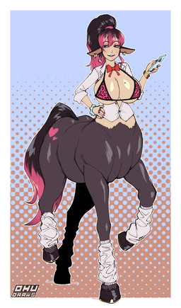 alternative_fashion big_breasts black_hair bow_tie bra bracelet breasts brown_body brown_skin cellphone cleavage clothed clothing cutie_mark dotted_background ear_piercing ear_ring electronics female female_taur gold_horseshoe gyaru hair hand_on_hip hand_on_own_hip heart_symbol hooves huge_breasts j-fashion jewelry light-skinned_female loose_footwear makeup markings mole_(marking) mole_on_breast multicolored_hair open_clothing open_shirt open_topwear partially_clothed pattern_background phone piercing pink_bra pink_clothing pink_hair pink_underwear ponytail ring_piercing shirt simple_background smartphone solo tattoo text topwear two_tone_hair underwear white_clothing white_shirt white_topwear ohu european_mythology greek_mythology hasbro my_little_pony mythology centaur equid equid_taur humanoid_taur mammal mammal_taur taur absurd_res artist_name full-length_portrait hi_res portrait