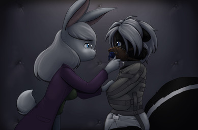anthro bdsm bondage bound clean_diaper clothed clothing diaper duo eyewear female fur gag glasses male multicolored_body multicolored_fur muzzle_(object) muzzled pacifier pacifier_gag padded_room restraints straitjacket two_tone_body two_tone_fur wearing_diaper the_padded_room lagomorph leporid mammal mephitid rabbit skunk absurd_res hi_res