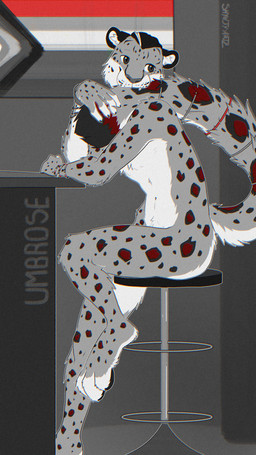 accessory anthro bar beads bite bracelet furgonomics furniture glowrings homph jewelry lgbt_pride male nude pose pride_colors ring sitting solo stool tail tail_accessory tail_bite tail_decoration tail_in_mouth tail_jewelry tail_ring tasteful_nudity shynjy umbrose felid mammal pantherine snow_leopard absurd_res chromatic_aberration hi_res pinup