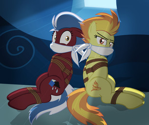 bdsm bondage bound captured duo feathered_wings feathers female feral looking_at_viewer red_body red_feathers restraints rope rope_bondage wings yellow_body yellow_feathers radiantrealm friendship_is_magic hasbro my_little_pony mythology fan_character spitfire_(mlp) wonderbolts_(mlp) equid equine mammal mythological_creature mythological_equine pegasus 2015