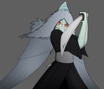 amber_eyes anthro arm_feathers asian_clothing blue_body blue_scales bone_frill clothing east_asian_clothing elbow_feathers feather_tuft feathered_wings feathers female foreshortening frill_(anatomy) grey_body grey_feathers grey_hair hair holding_katana holding_melee_weapon holding_object holding_sword holding_weapon japanese_clothing katana kimono long_hair looking_at_viewer melee_weapon reverse_grip scales short_tail simple_background snout solo sword sword_pointing tail tuft weapon wings crezz_crow cavemanon_studios goodbye_volcano_high snoot_game fang_(gvh) dinosaur prehistoric_species pterodactylus pterosaur reptile scalie colored hi_res