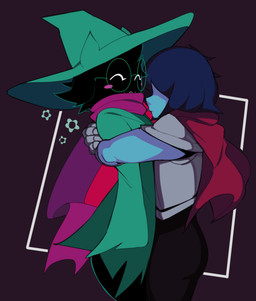 armor black_body black_fur blue_body blue_hair blue_skin blush blush_stickers clothing duo fur green_clothing hair hat headgear headwear hug male smile captainkirb deltarune undertale_(series) kris_dreemurr ralsei bovid caprine darkner goat human mammal 2018 absurd_res hi_res
