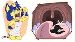 anthro anthro_pred armor blue_ears blue_hair bob_cut clothing dress extreme_size_difference female female_pred fur hair larger_female male markings mouth_shot open_mouth oral_vore pink_nose size_difference striped_markings striped_tail stripes tail tail_markings tongue uvula vambrace vore yellow_body yellow_fur yellow_inner_ear lecigzz animal_crossing nintendo ankha_(animal_crossing) domestic_cat felid feline felis mammal 2023