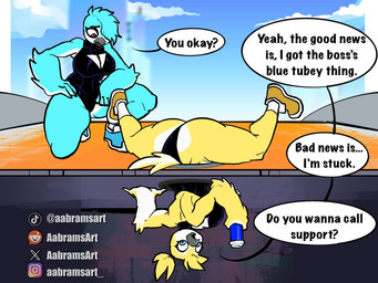 4_fingers anthro beak big_breasts big_butt black_clothing black_eyeshadow black_leotard blonde_hair blue_body blue_clothing blue_eyes blue_feathers blue_footwear blue_hair blue_shoes blue_sky blue_sneakers breasts butt cleavage_cutout clothing curvy_figure cutout day dialogue duo eyelashes eyeshadow feathered_arms feathers female fingers footwear hair hair_over_eye instagram_logo kneeling latex latex_clothing latex_leotard leotard makeup manhole multicolored_body multicolored_feathers outside ponytail red_eyes reddit_logo shoes sky sneakers stuck_in_ground tail tail_feathers text thick_thighs tiktok_logo tube two_tone_body two_tone_feathers voluptuous voluptuous_anthro voluptuous_female white_body white_feathers wide_hipped_anthro wide_hipped_female wide_hips x_logo yellow_body yellow_clothing yellow_feathers yellow_footwear yellow_shoes yellow_sneakers aabramsart instagram reddit tiktok x_(social_media) tae_(aabramsart) tina_(aabramsart) avian bird 2026 artist_name digital_drawing_(artwork) digital_media_(artwork) english_text hi_res url watermark