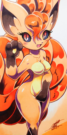 anthro blush breasts covering covering_crotch cute_fangs eyelashes fangs featureless_breasts female fur hair looking_at_viewer medium_breasts multi_tail open_mouth orange_body orange_fur orange_hair pawpads red_eyes solo tail teeth 025aki nintendo pokemon canid canine fox generation_1_pokemon mammal pokemon_(species) vulpix 2023 absurd_res dated hi_res signature