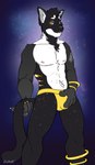 anthro bulge clothed clothing detailed_bulge eye_contact jockstrap jockstrap_only looking_at_another male solo topless underwear underwear_only floyote felid feline mammal absurd_res hi_res