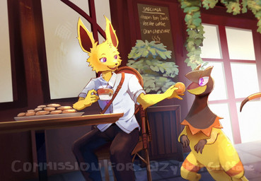 ambiguous_gender anthro clothed clothed_anthro clothing container cup duo fangs featureless_crotch feeding feral food fur holding_container holding_cup holding_object male open_mouth plant purple_eyes sitting tail teeth text tongue yellow_body yellow_fur chufflepop nintendo pokemon eeveelution generation_1_pokemon generation_6_pokemon helioptile jolteon pokemon_(species) scalie 2026 english_text hi_res