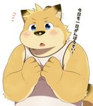 anthro blue_eyes blush clothed clothing kemono male shirt simple_background slightly_chubby solo tank_top text topwear white_background young hinami canid canine canis domestic_dog mammal 2016 hi_res japanese_text