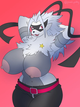 anthro areola belt big_breasts bottomwear breasts clothing fangs female fur grey_body grey_fur grey_hair hair hands_behind_head huge_breasts mask navel nipples open_mouth pants red_eyes solo star teeth white_body white_fur wide_hips zipper punch_pubby bandai_namco digimon digimon_beatbreak digimon_(species) mammal wolvermon 2025 3:4 hi_res