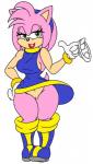 amy_rose anthro big_eyes bottomless breasts clothed clothing eulipotyphlan female genitals hedgehog looking_at_viewer mammal pink_body pussy sega smile solo sonic_the_hedgehog_(series) toony twindrills