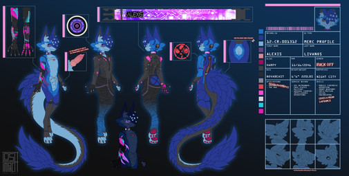 animal_genitalia anthro balls biped blue_body blue_fur bodysuit clothing collar cybernetic_arm cybernetic_eye cybernetic_limb cybernetics cyberpunk erection fully_sheathed fur genitals knot knotted_penis machine male male_anthro penis purple_eyes sheath skinsuit solo text tight_clothing losttimpactt cd_projekt_red cyberpunk_2077 alexis_livanos novabeast absurd_res english_text hi_res model_sheet nonbinary_(lore)