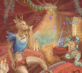 anthro blue_clothing blue_topwear bottomwear bulge candle cigarette clothed clothing fully_clothed group hookah lights male navel oriental_rug pattern_rug red_bottomwear red_clothing rug sitting smoking smoking_cigarette topwear trio cheetuppy deer mammal absurd_res hi_res