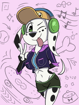 anthro anthrofied baseball_cap bottomwear clothing crossed_legs electronics female fur gesture gloves_(marking) green_clothing green_eyes hand_behind_back hand_gesture hat headgear headphones headwear jacket jacket_vest legs_up long_ears looking_at_viewer markings midriff multicolored_body multicolored_fur navel one_eye_closed purple_clothing rolled_up_sleeves same_name shorts simple_background sketch_background smile smiley_face smiling_at_viewer solo spots spotted_body spotted_fur tongue tongue_out topwear v_sign vest white_body white_fur wink winking_at_viewer slightlyarousedguy 101_dalmatian_street 101_dalmatians adult_swim cartoon_network disney smiling_friends dolly_(101_dalmatians) dolly_dimpley canid canine canis dalmatian domestic_dog mammal 3:4 hi_res shaded simple_shading sketch