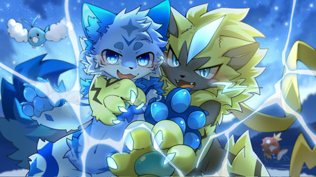 4_fingers anthro arm_on_shoulder biped black_nose blue_body blue_eyes blue_fur blue_markings blue_sky blush blush_lines chest_tuft duo fangs fingers fluffy fluffy_tail front_view fur inner_ear_fluff kemono looking_at_viewer male markings multicolored_body multicolored_fur night open_mouth open_smile outside pawpads paws reaching_towards_viewer side_hug sky smile smiling_at_viewer star starry_sky tail teeth tuft white_body white_fur yellow_body yellow_fur hlg7777 nintendo pokemon canid canine canis domestic_cat felid feline felis generation_1_pokemon generation_3_pokemon generation_7_pokemon legendary_pokemon magikarp mammal pokemon_(species) swablu wolf zeraora 16:9 2025 chinese_description cool_colors digital_drawing_(artwork) digital_media_(artwork) hi_res shaded translated_description wallpaper widescreen