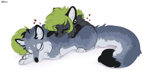 black_body black_fur black_nose blush chibi duo eyes_closed female feral fluffy fluffy_tail fur green_hair grey_body grey_fur hair heart_symbol hug love male male/female simple_background sleeping smile tail white_background white_body white_fur taka_(artist) a.o.kigahara taka_fox canid canine canis fox mammal wolf 2022 colored digital_drawing_(artwork) digital_media_(artwork) digital_painting_(artwork) hi_res painting_(artwork) signature sketch