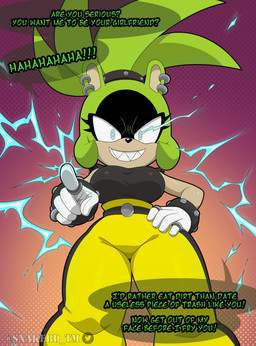 anthro belt big_breasts black_clothing black_topwear bottomwear bracelet breasts clothing dialogue ear_piercing electricity electricity_manipulation elemental_manipulation female gesture gloves green_hair hair hand_gesture hand_on_hip handwear insult insulting_viewer jewelry looking_at_viewer pants piercing pointing ponytail ring sharp_teeth solo speech_bubble studded_bracelet studded_hair_tie studded_jewelry studs talking_to_viewer teeth text thick_thighs topwear twitter_logo white_clothing white_gloves white_handwear yellow_bottomwear yellow_clothing yellow_pants snakebd idw_publishing sega sonic_the_hedgehog_(comics) sonic_the_hedgehog_(idw) sonic_the_hedgehog_(series) twitter surge_the_tenrec afrosoricid mammal tenrec artist_name english_text