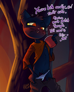 against_natural_surface against_surface against_tree aged_down anthro black_body black_fur blush bottomwear bottomwear_down bubble clothed clothing clothing_lift container cup detailed_background dialogue drunk drunk_bubble female flat_chested forest fur genitals heart_symbol holding_container holding_cup holding_object loli narrow_hips night nipples notched_ear outside panties pants pants_down partially_clothed pattern_bottomwear pattern_clothing pattern_panties pattern_underwear plant presenting shirt shirt_lift solo standing striped_bottomwear striped_clothing striped_panties striped_underwear stripes substance_intoxication text thin_thighs topwear tree underwear undressing vulva young young_anthro young_female soulcentinel night_in_the_woods mae_borowski domestic_cat felid feline felis mammal 2021 english_text hi_res portrait signature three-quarter_portrait