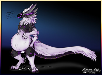animal_genitalia animal_penis anthro balls belly big_belly black_cum bodily_fluids claws colored_cum cum cum_inflation cum_inside equine_genitalia equine_penis fluffy fluffy_tail fur genital_fluids genitals inflation looking_at_viewer machine male penis protogen_armor protogen_visor solo tail text unusual_bodily_fluids unusual_cum unusual_genital_fluids white_body white_fur hunamarts biogentic_(hunamarts) protogen hi_res