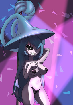 black_eyes blue_hair clothing dancing female hair hat headgear headwear long_hair looking_at_viewer nightclub nipple_tape pasties pink_body pole pole_dancing pussy_tape smile solo tape kirlia_furtive nintendo pokemon generation_8_pokemon hatterene humanoid pokemon_(species) hi_res