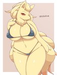 anthro big_breasts bikini bikini_thong black_bikini black_clothing black_swimwear breasts clothing curvy_figure female generation_1_pokemon glistening glistening_body hi_res huge_breasts micro_bikini multi_tail navel navel_line ninetales nintendo pokemon pokemon_(species) red_eyes simple_background skimpy_bikini slightly_chubby solo swimwear tail takkatakanoji thick_thighs thong two-piece_swimsuit underwear voluptuous wide_hips yellow_body