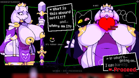 ambiguous_gender anthro armor clothed clothing duo female mind_control pasties slightly_chubby tassels text heresysheep undertale_(series) friend_(deltarune) toriel bovid caprine goat mammal english_text hi_res