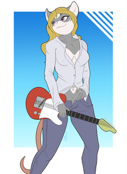 5_fingers anthro blonde_hair blue_bottomwear blue_clothing blue_pants bottomwear breasts cleavage clothed clothing electric_guitar female fingers front_view fully_clothed fur grey_body grey_fur guitar hair holding_musical_instrument holding_object long_hair multicolored_body multicolored_fur musical_instrument navel navel_piercing nipple_outline open_bottomwear open_clothing open_pants pants piercing pink_tail plucked_string_instrument purple_eyes shirt solo standing string_instrument tail topwear two_tone_body two_tone_fur white_body white_fur white_nose skipsy telecaster jamie_(tenpoundhammer) american_opossum domestic_ferret hybrid mammal marsupial mustelid musteline true_musteline weasel 2019 digital_media_(artwork) hi_res portrait three-quarter_portrait
