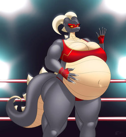 anthro belly big_belly big_breasts big_butt bottomwear breasts butt clothing female fighting_ring fingerless_gloves gloves grey_body grey_scales hand_on_belly handwear horn huge_breasts mask musclegut muscular muscular_anthro muscular_female navel overweight overweight_anthro red_eyes scales solo thick_thighs topwear ventral_scales yellow_body yellow_scales yellow_sclera ic-icle if_hell_had_a_taste mythology mars_fidchell dragon mythological_creature mythological_scalie scalie 2026 digital_media_(artwork) hi_res
