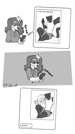 3_panel_comic anthro athletic_wear bottomwear cheek_tuft clothing different_sound_effects dot_eyes drawing_tablet duo electronics facial_tuft floppy_ears gesture gym_bottomwear gym_shorts half-closed_eyes hand_gesture hoodie information_cutaway male male/male message message_box narrowed_eyes onomatopoeia pinging shirt shorts simple_eyes smile sound_effects stylus t-shirt text text_box text_message topwear tuft v_sign wide_eyed freckles_(artist) pecas_(freckles) bird_dog canid canine canis domestic_dog felid hunting_dog mammal pantherine spaniel welsh_springer_spaniel 2022 comic english_text greyscale monochrome